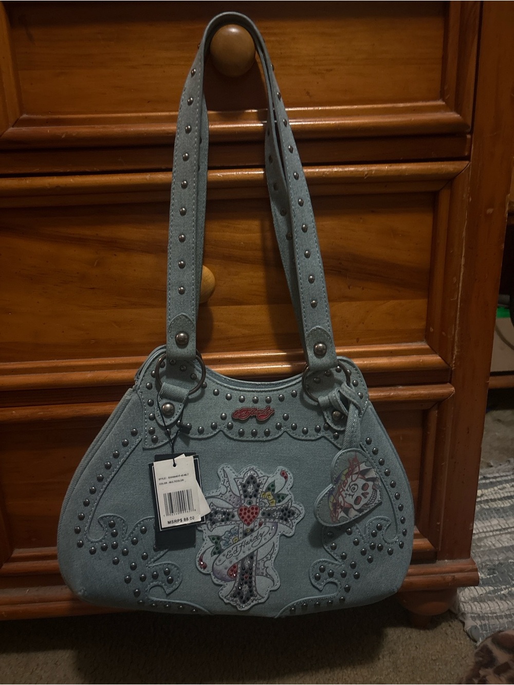Ed Hardy Light Blue Studded Cross Appliqué Shoulder Bag